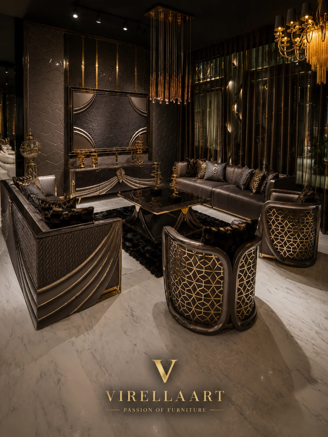 Complete Shawl living room set with gray sofas, geometric armchairs, glossy center table and matching TV unit