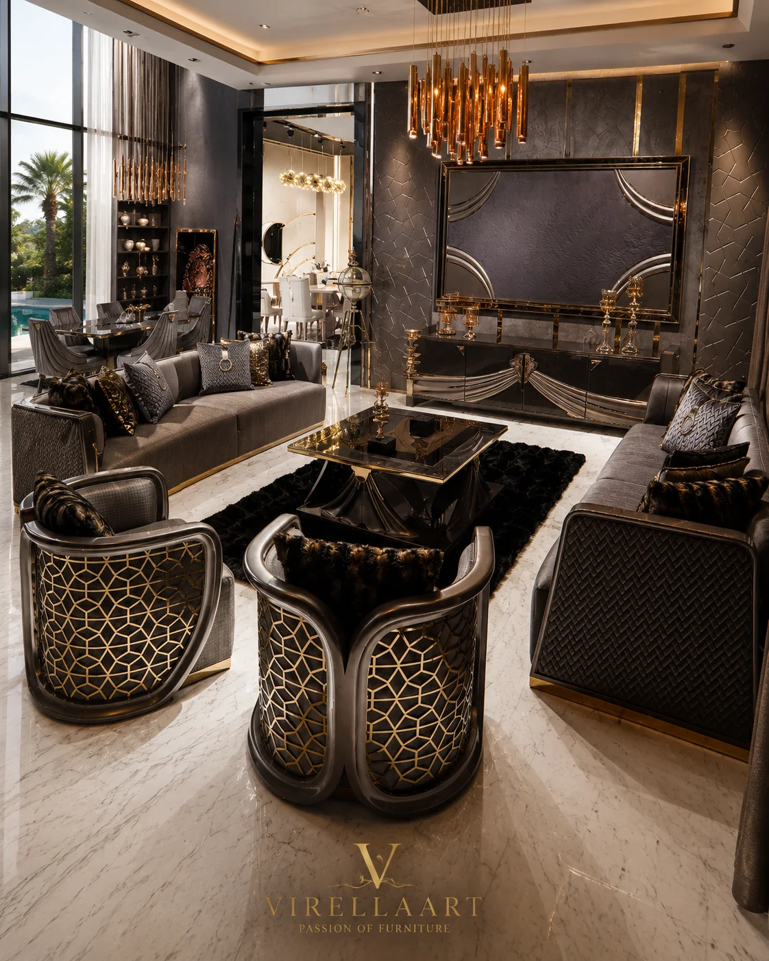 Front view of the Shawl collection with gray sofas, two rounded geometric armchairs, center table and black TV unit