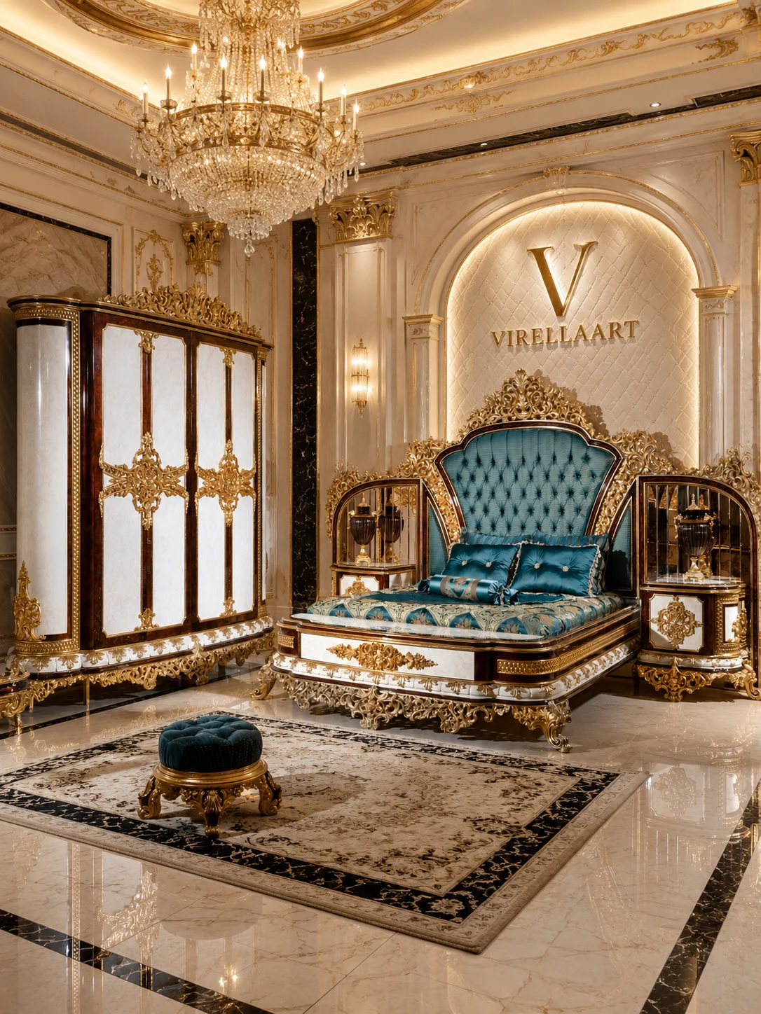 Sultan bedroom arrangement with a crowned turquoise tufted bed, coordinated nightstands and a large cream wardrobe with gold-tone carving