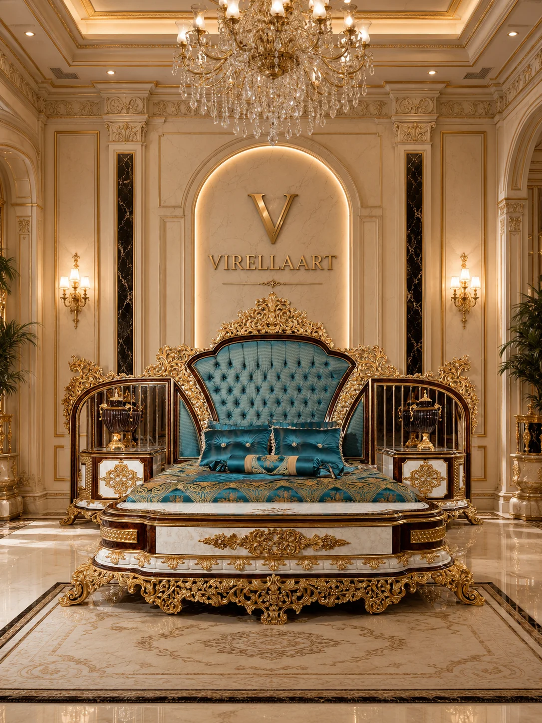 Front view of the Sultan turquoise tufted bed with an elaborate gold-tone carved crown, patterned bedding and matching bedside cabinets