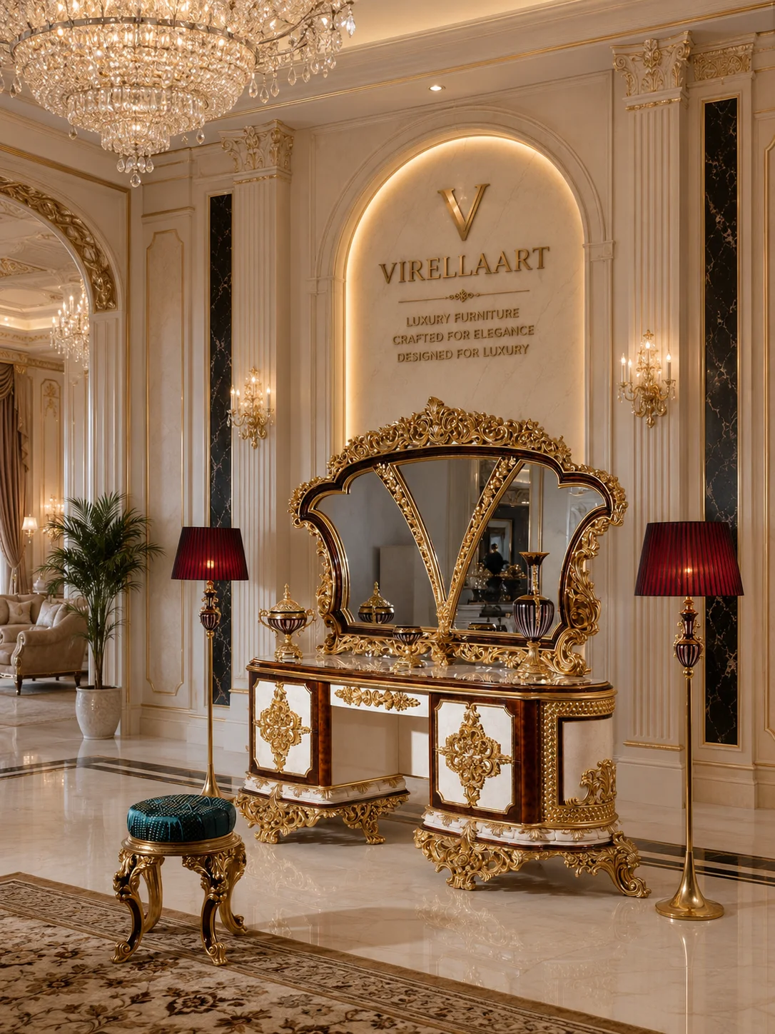 Sultan dressing table with cream and dark brown cabinetry, elaborate gold-tone carving, sculptural three-part mirror and turquoise stool