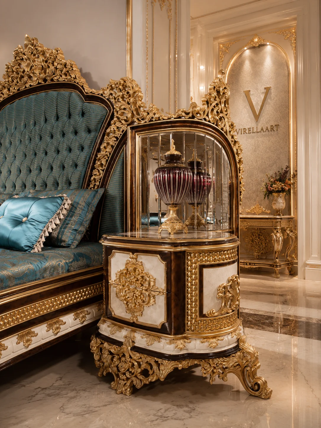 Close-up of the Sultan bedside cabinet with cream panels, dark brown framing, gold-tone ornament and a mirrored display niche