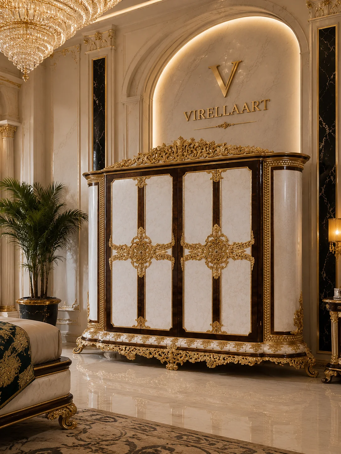 Sultan cream wardrobe with dark brown framing, ornate gold-tone door decoration, crowned top and richly carved base