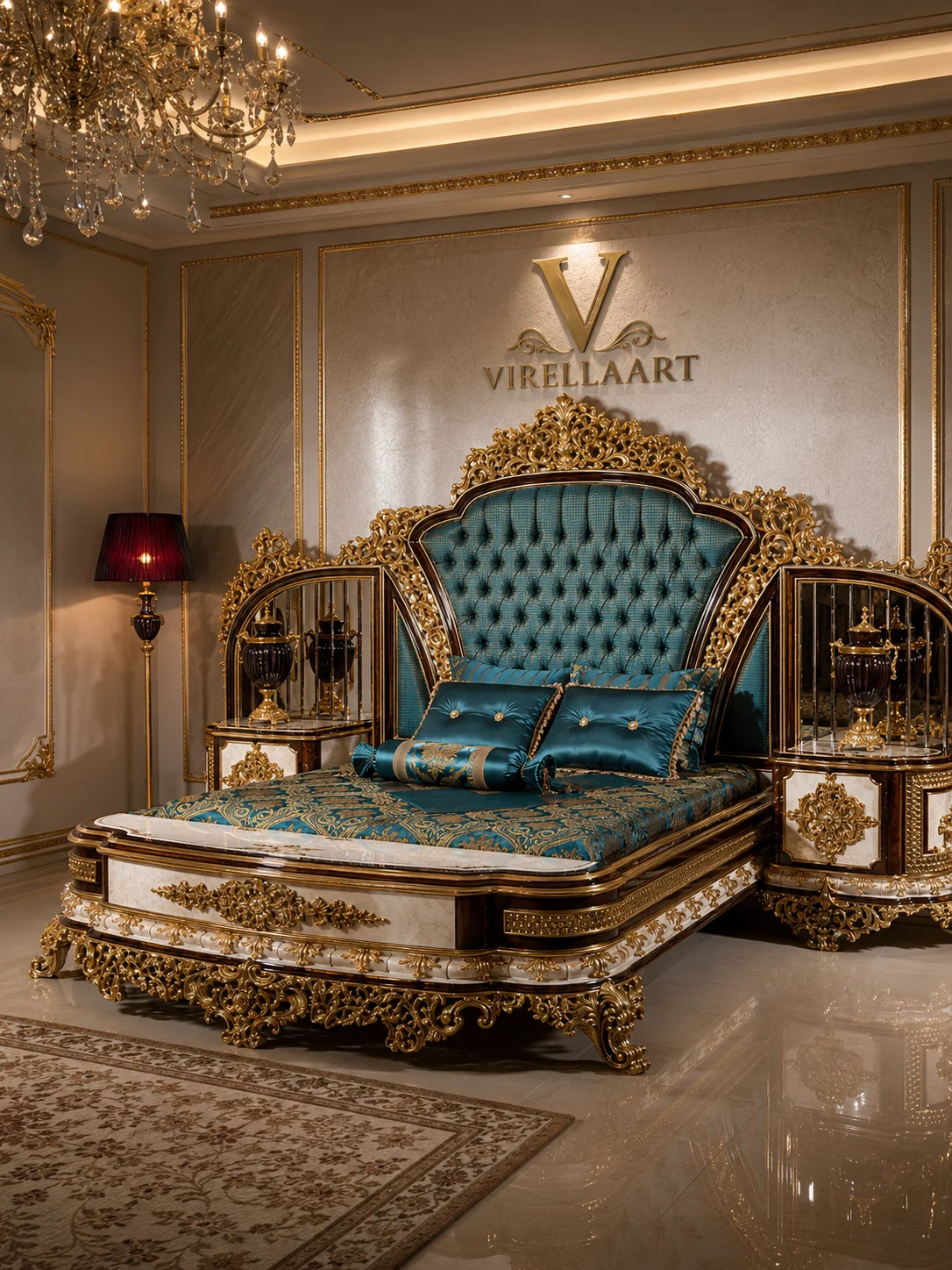 Three-quarter view of the Sultan turquoise tufted bed with ornate gold-tone framing, patterned bedding and coordinated bedside cabinets
