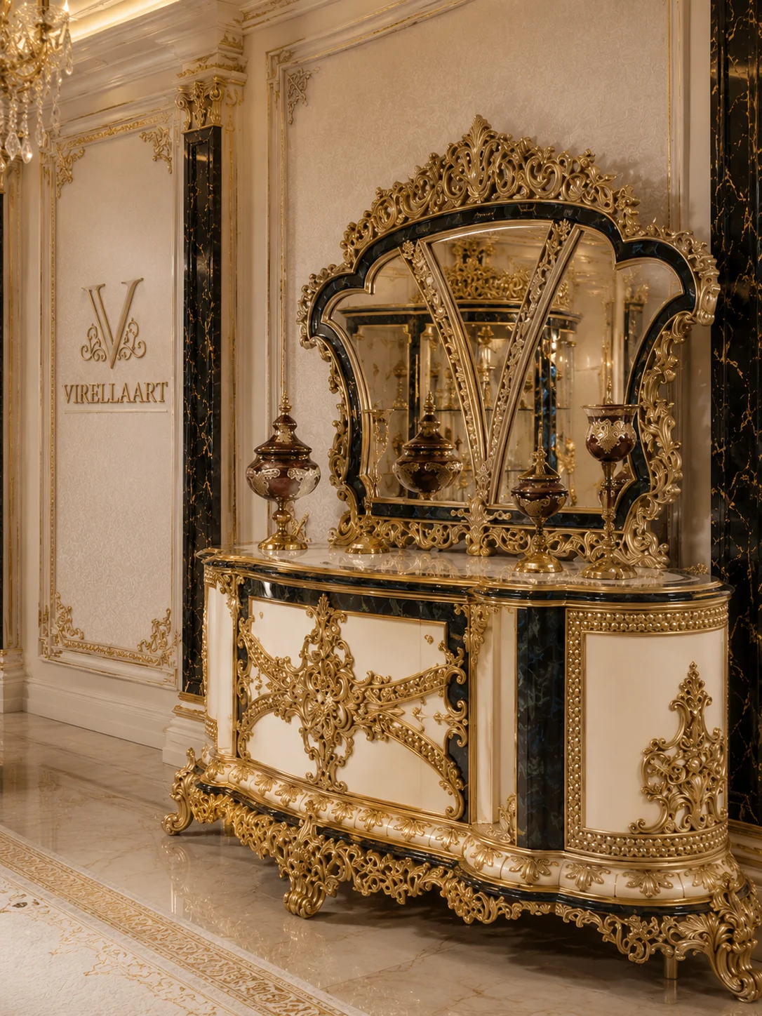 Sultan Green dining sideboard with cream panels, dark green marble-look accents, elaborate gold-tone carving and a crowned matching mirror