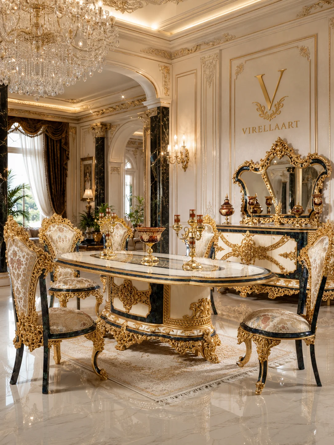 Sultan Green oval dining table with six ornate upholstered chairs, sculptural carved pedestal and matching mirrored sideboard