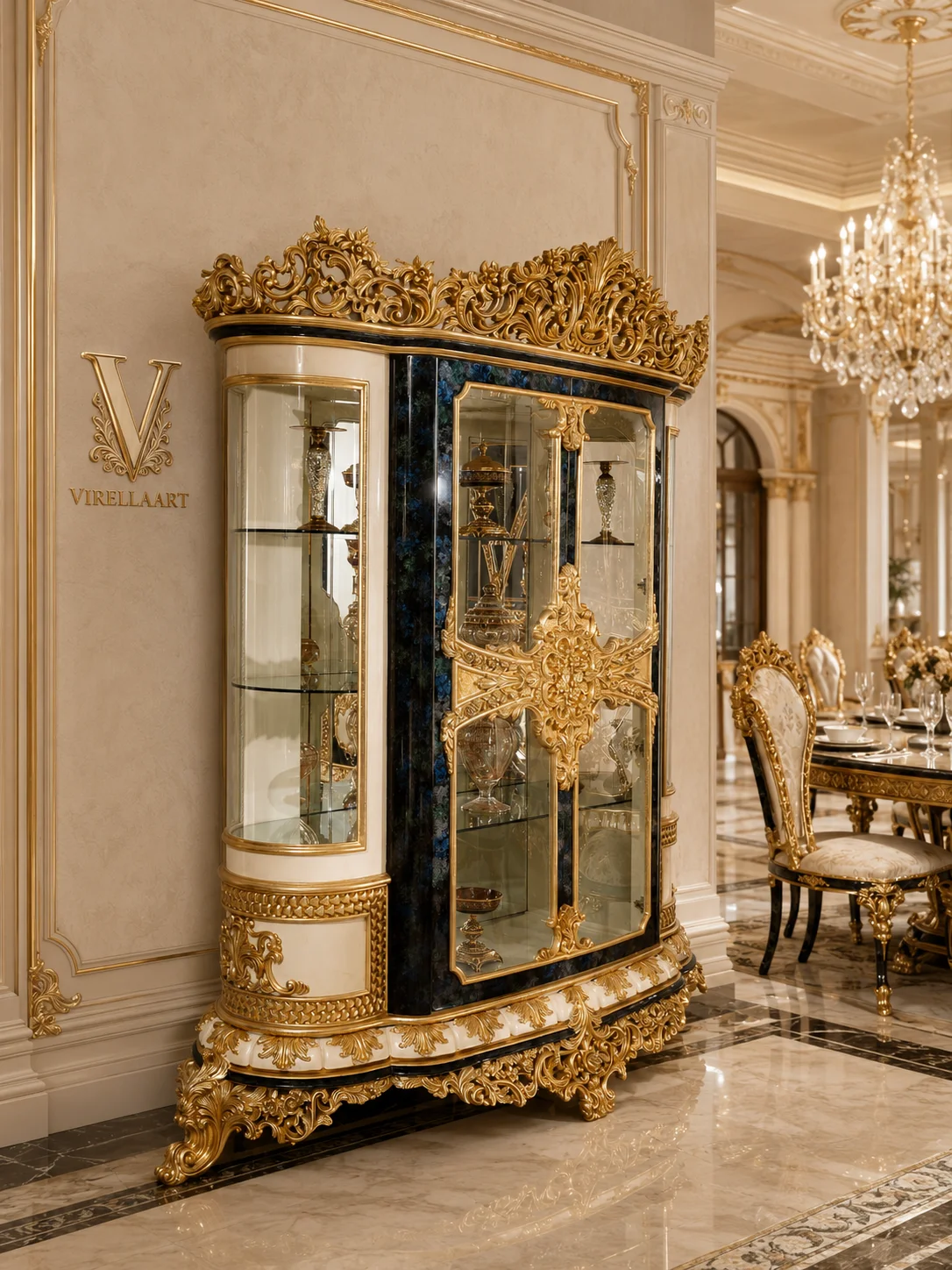 Sultan Green glass display cabinet with curved side sections, dark green marble-look panels and elaborate gold-tone carved crown and base