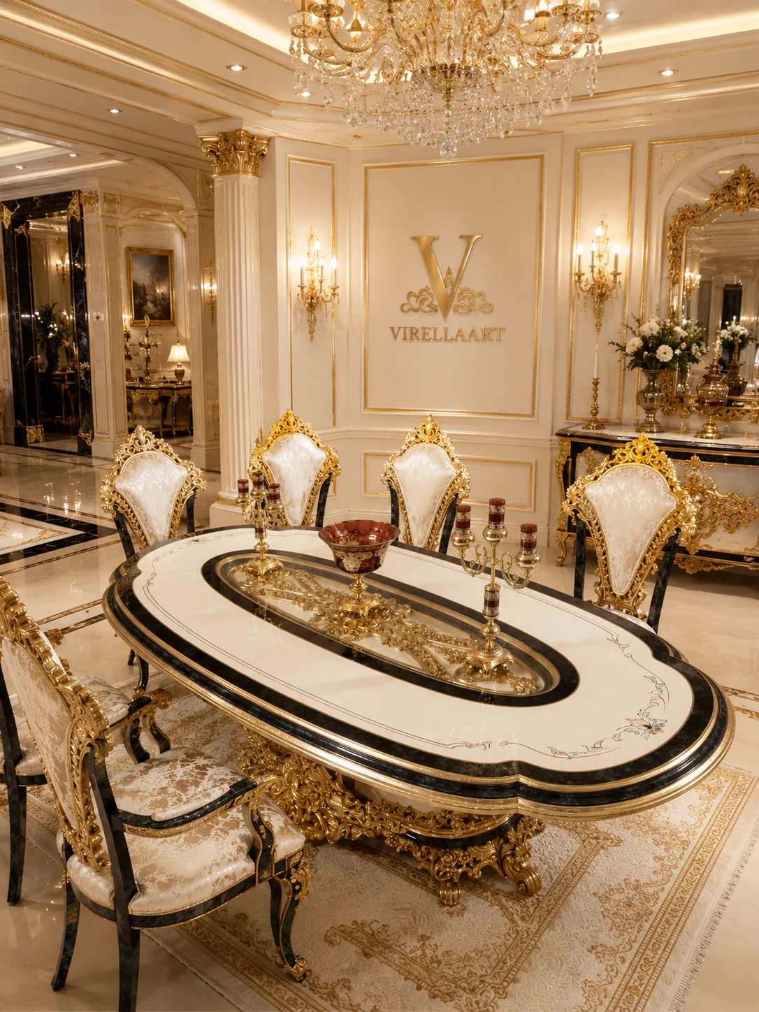 Close view of the Sultan Green oval dining table with cream top, dark green inlays, ornate carved pedestal and coordinated high-back chairs