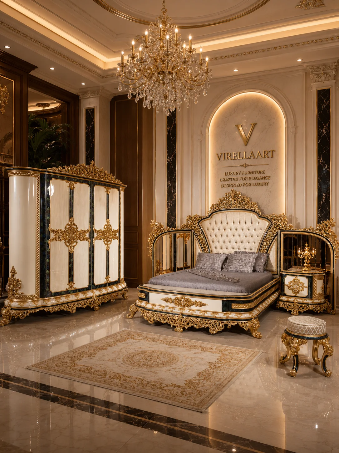 Sultan Bedroom (Green Edition) arrangement with an ivory button-tufted bed, matching nightstand and large wardrobe with dark green marble-look accents