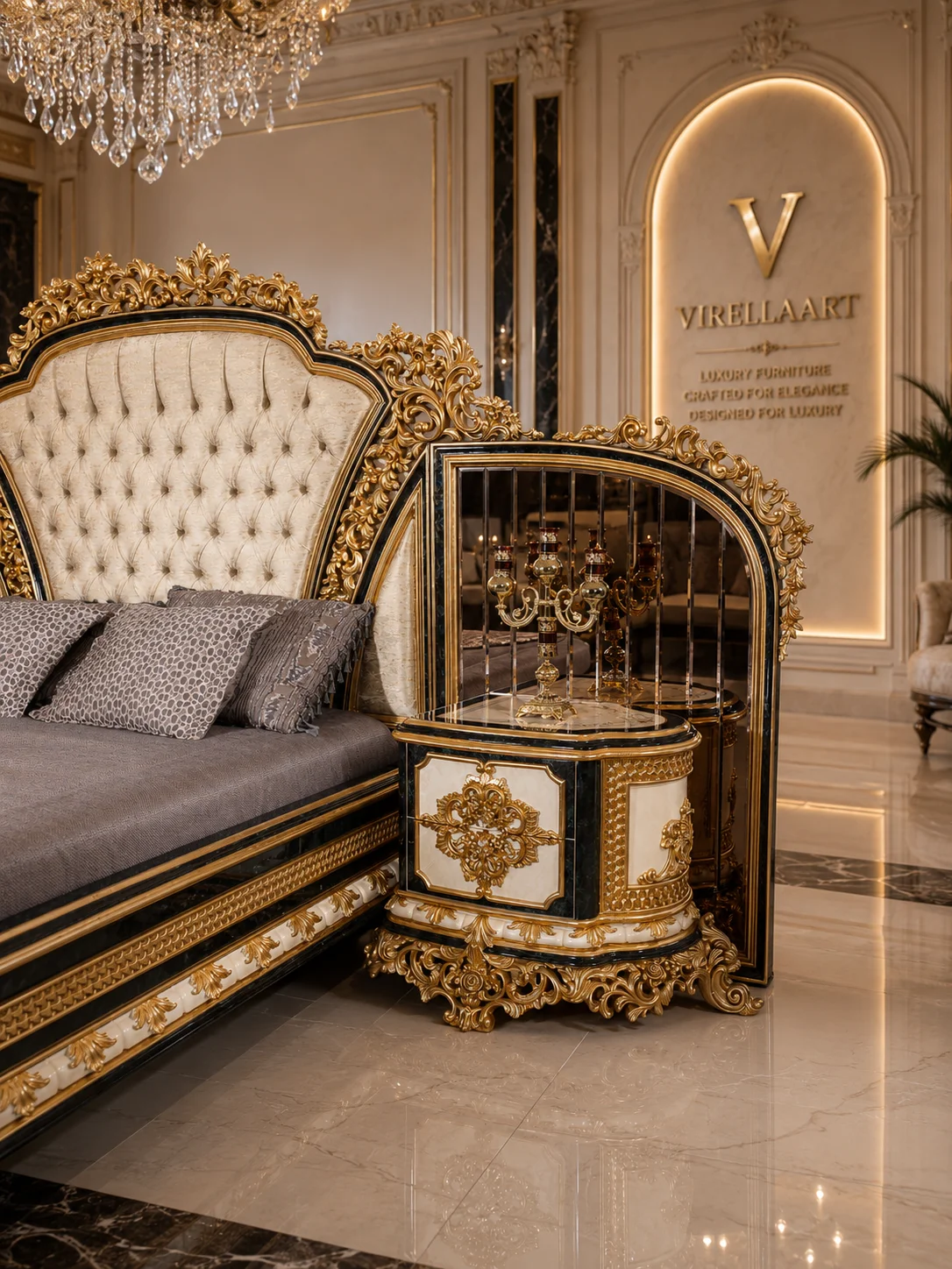 Close-up of the Sultan Green bedside cabinet with cream panels, dark green marble-look framing, ornate gold-tone carving and mirrored display niche