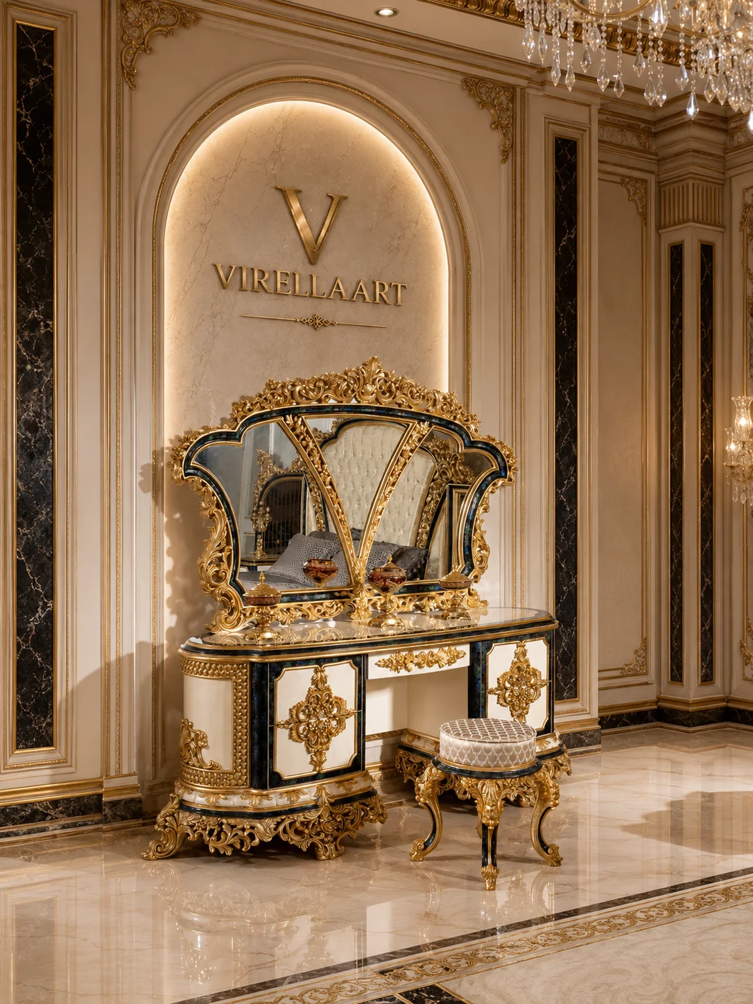 Sultan Green dressing table with cream cabinetry, dark green marble-look trim, elaborate gold-tone mirror and matching upholstered stool