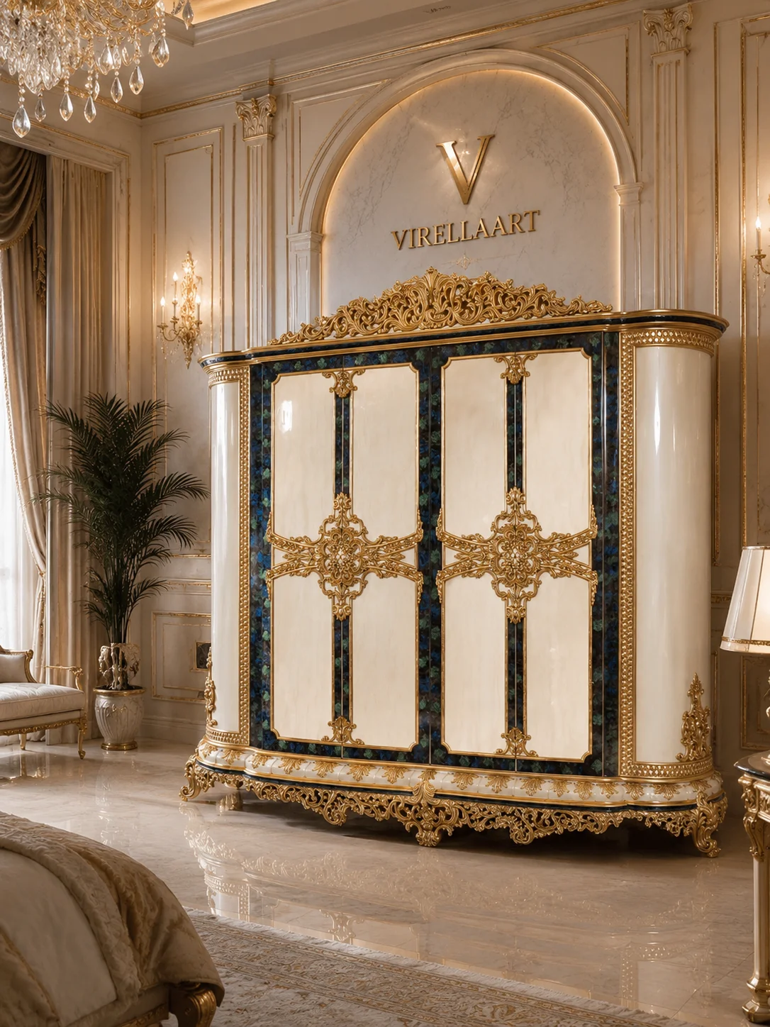 Sultan Green cream wardrobe with dark green marble-look framing, elaborate gold-tone door ornaments, carved crown and decorative base
