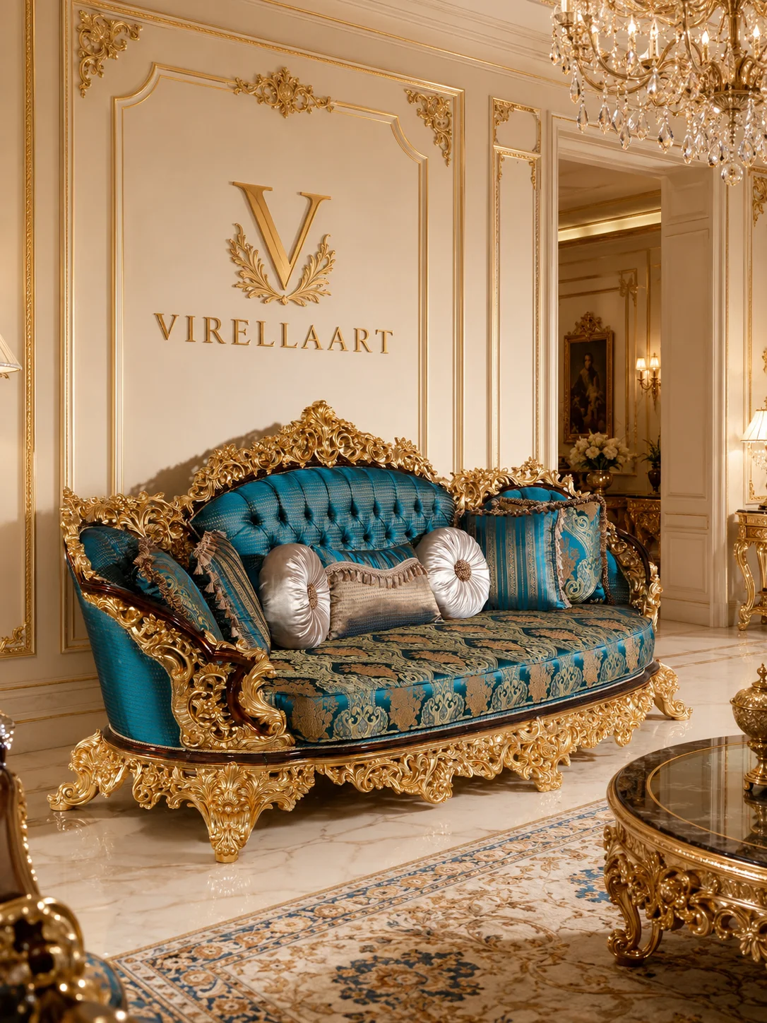 Sultan turquoise three-seat sofa with a tufted back, patterned upholstery, cream accent cushions and an elaborate gold-tone carved frame