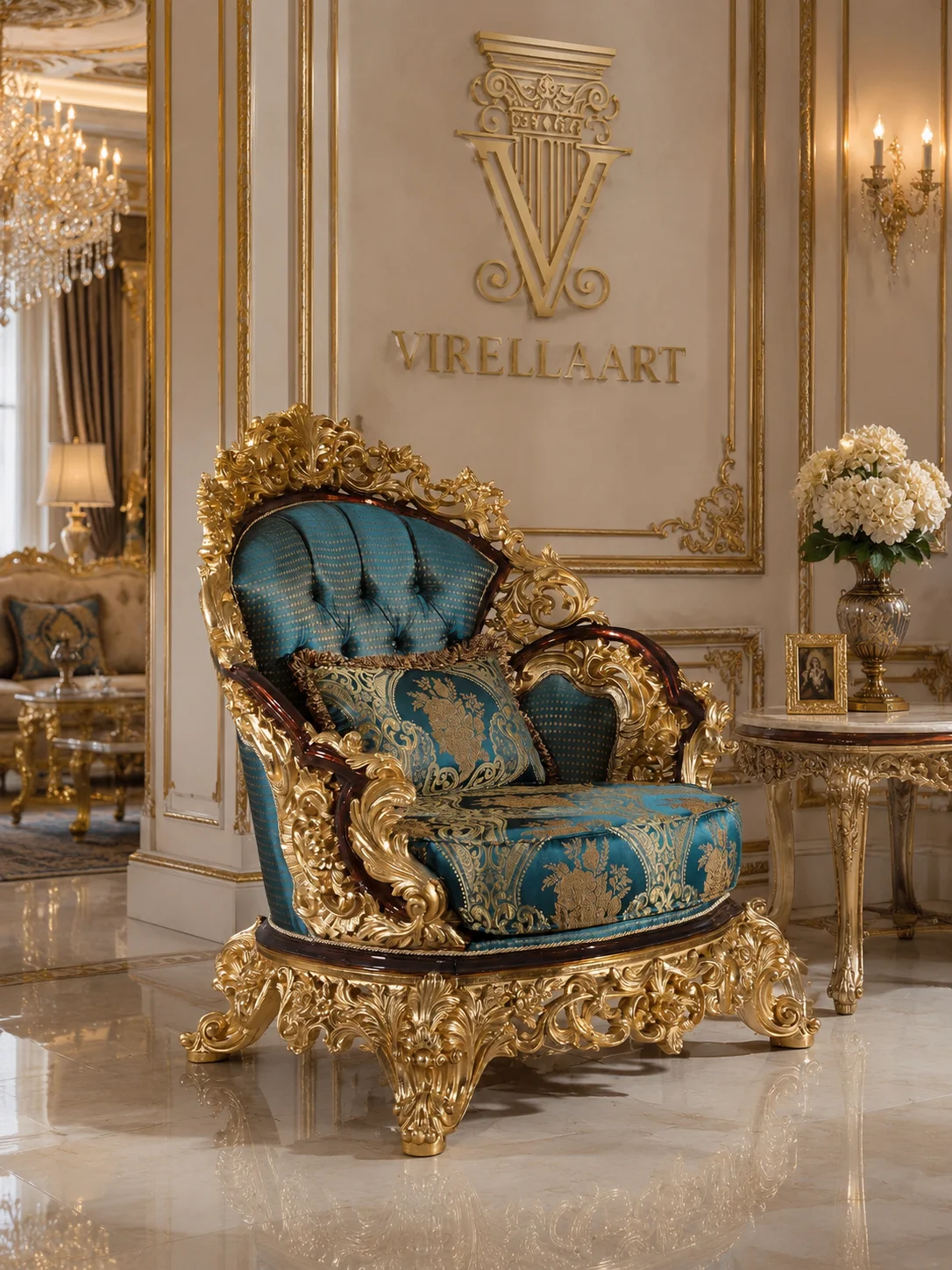 Sultan turquoise tufted armchair with patterned upholstery, an ornate gold-tone carved frame and matching round side table