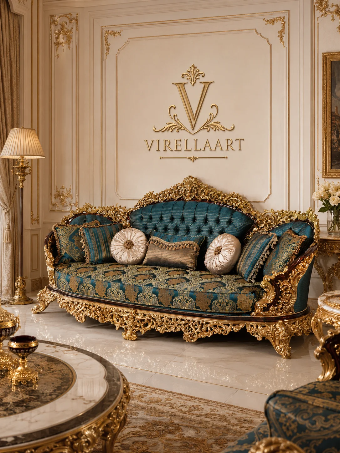Front view of the Sultan turquoise three-seat sofa with patterned seating, decorative cushions and an elaborate gold-tone frame