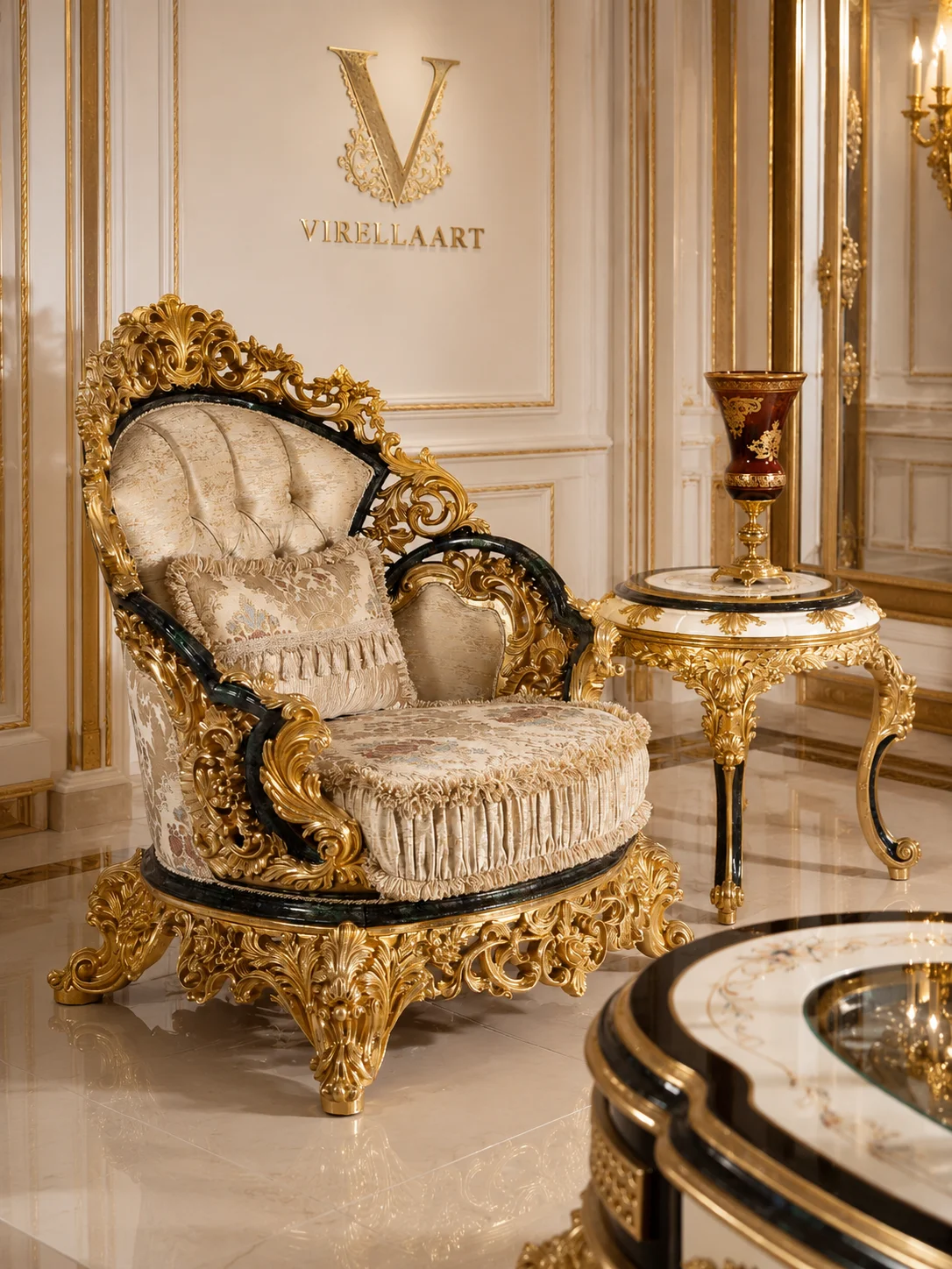 Sultan Sofa (Green) three-seat sofa with green upholstery, decorative cushions and ornate carved framing