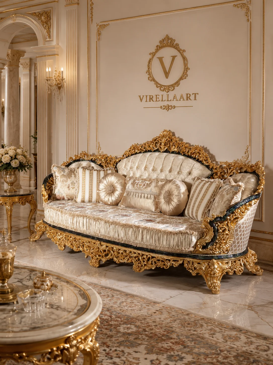Close-up of the Sultan Sofa (Green) arm and carved base with green upholstery and decorative detailing