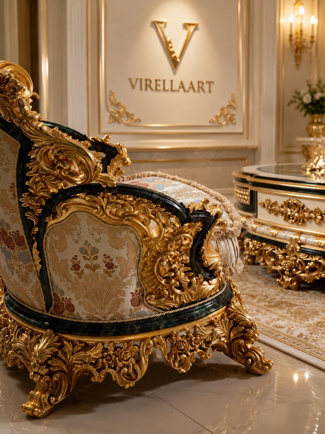 Sultan Sofa (Green) armchair with green upholstery, a carved frame and coordinating accent cushion