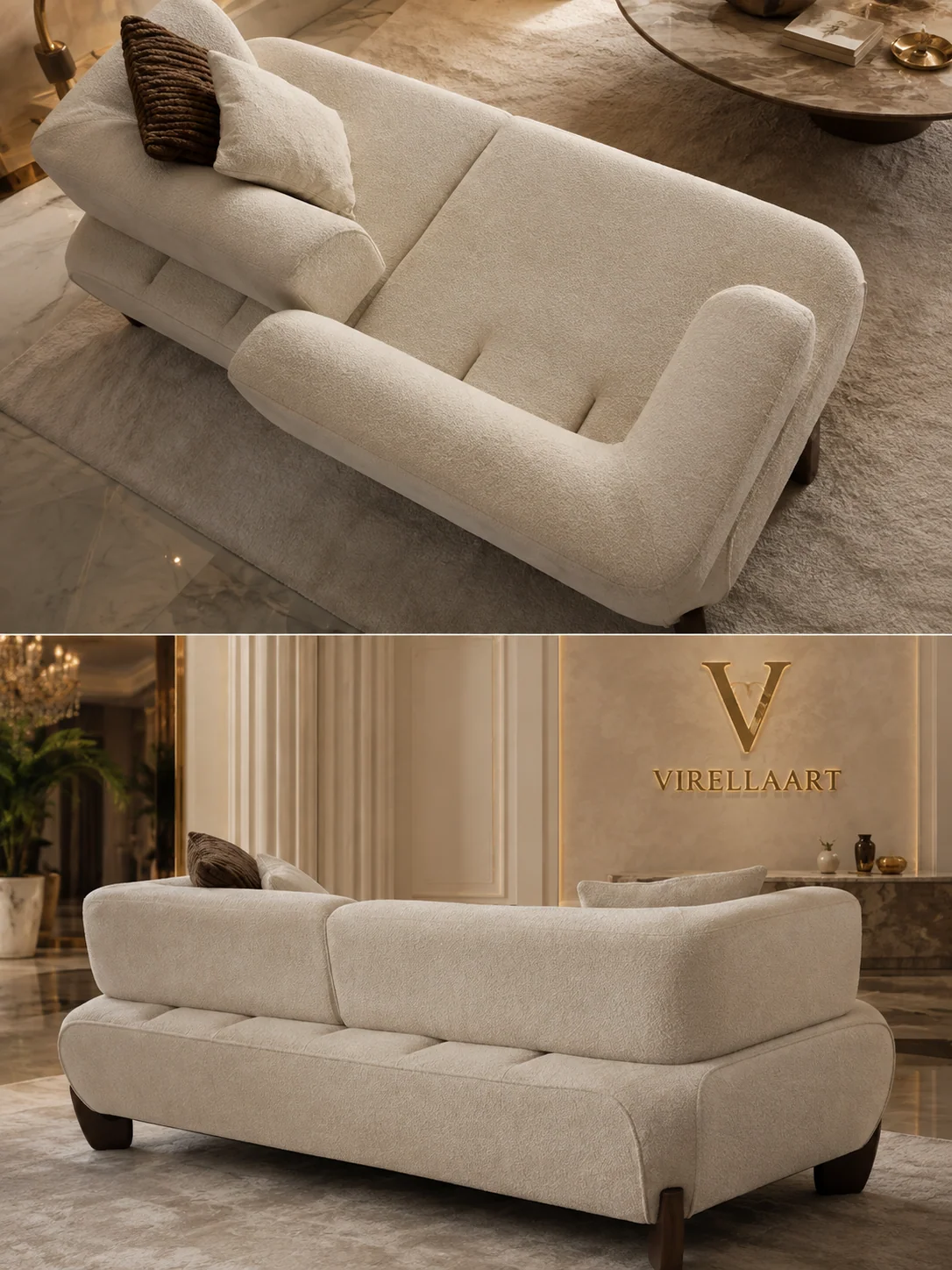 TREND three-seat sofa detail with rounded arms, deep cushions and warm ivory upholstery