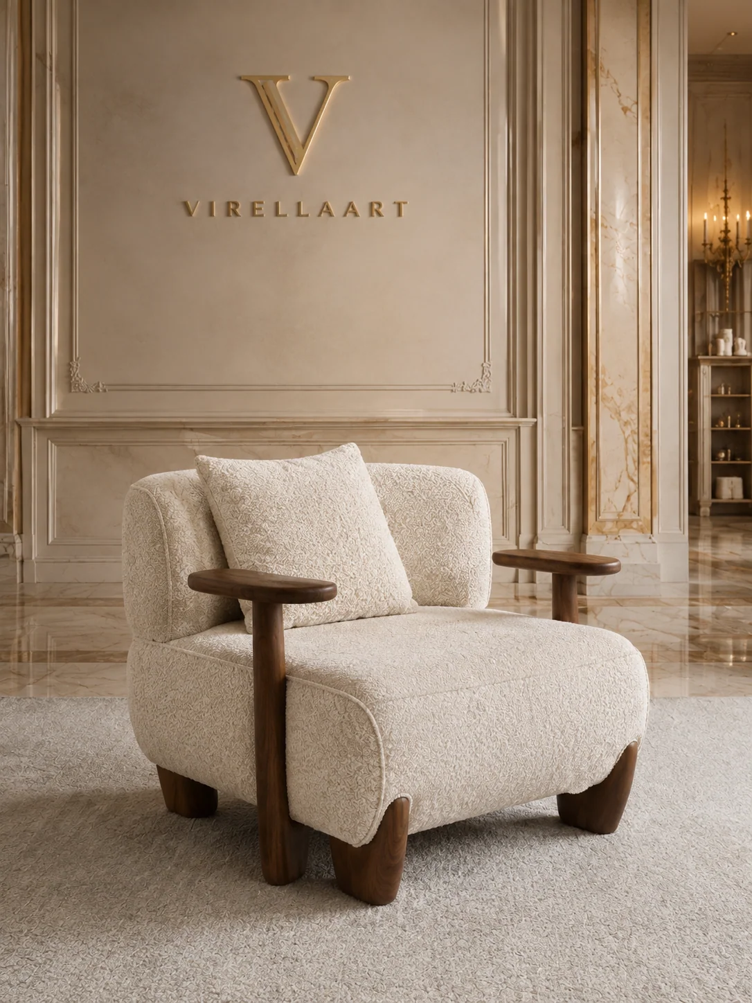 TREND modern armchair with a softly curved silhouette, deep seat cushion and dark lower accent