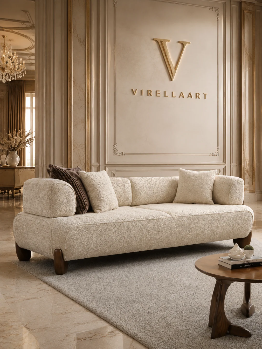 TREND three-seat sofa with rounded contemporary lines, layered cushions and neutral upholstery
