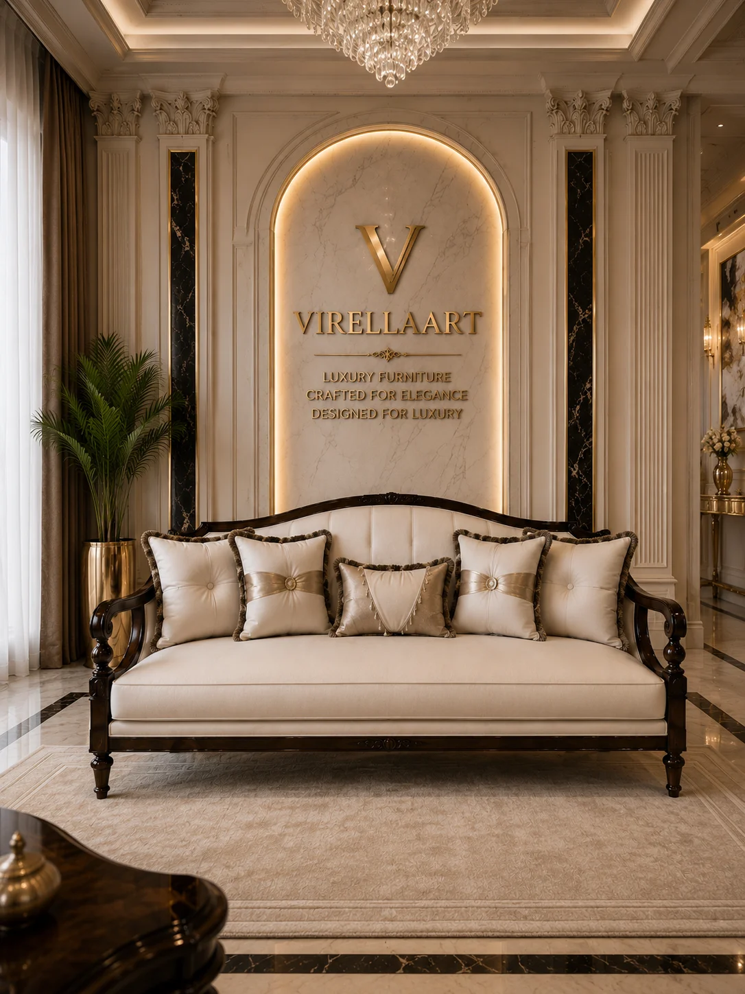 Valdera ivory three-seat sofa front view with a curved dark wood frame, turned legs and coordinated decorative cushions