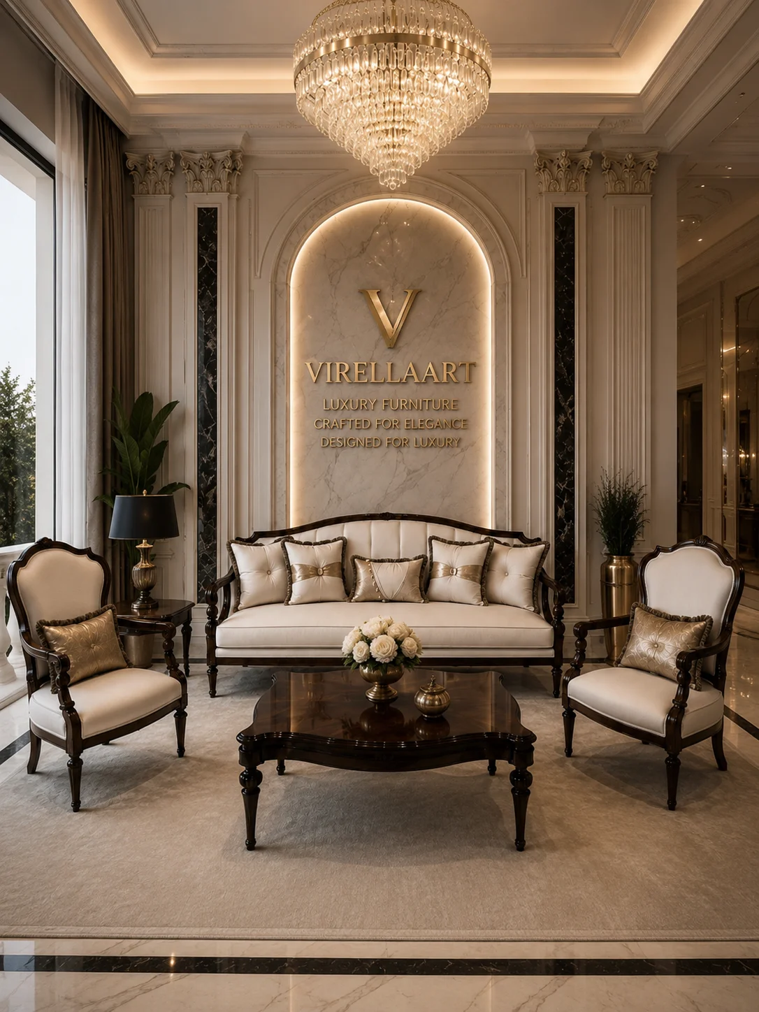 Complete Valdera seating arrangement with an ivory sofa, two armchairs and a dark wood center table beneath a crystal chandelier