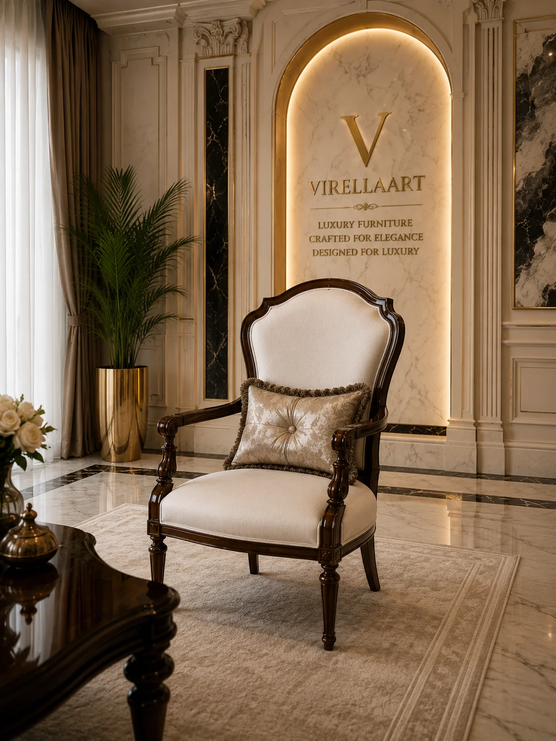 Valdera ivory armchair with a sculpted dark wood frame, turned legs and a patterned champagne accent cushion