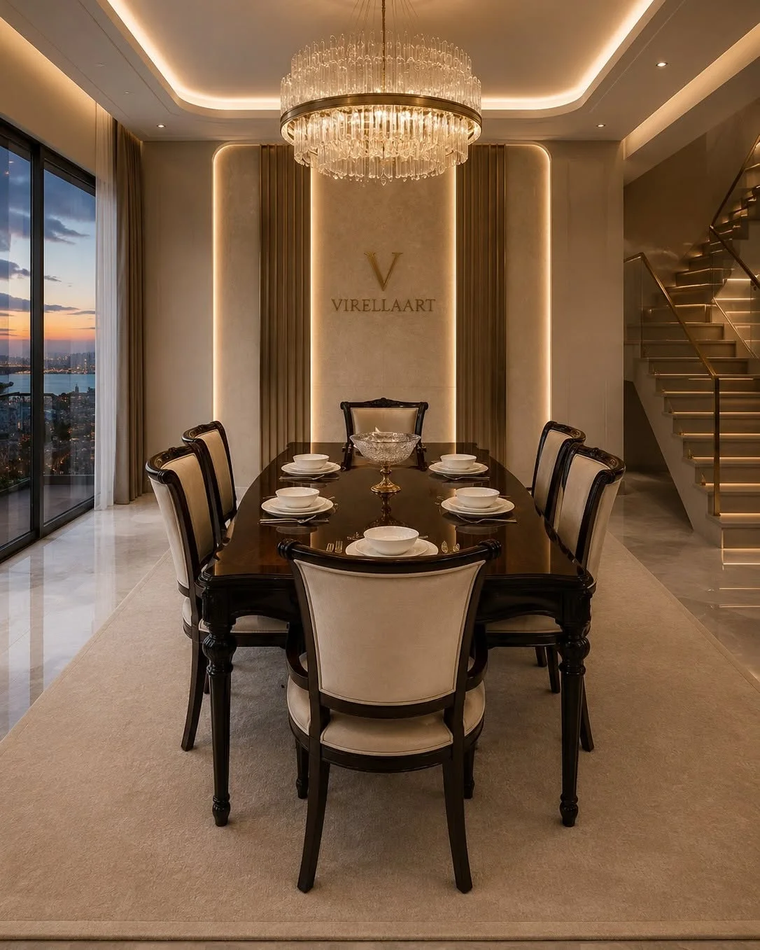 Complete Valdera dining room arrangement with a glossy walnut-toned rectangular table, eight cream upholstered chairs and crystal chandelier