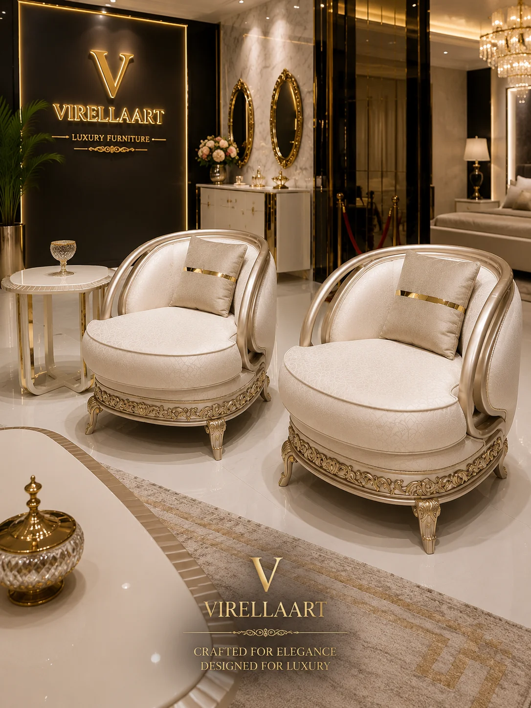 Pair of Valencia ivory armchairs with rounded seats, curved frames and ornate carved bases