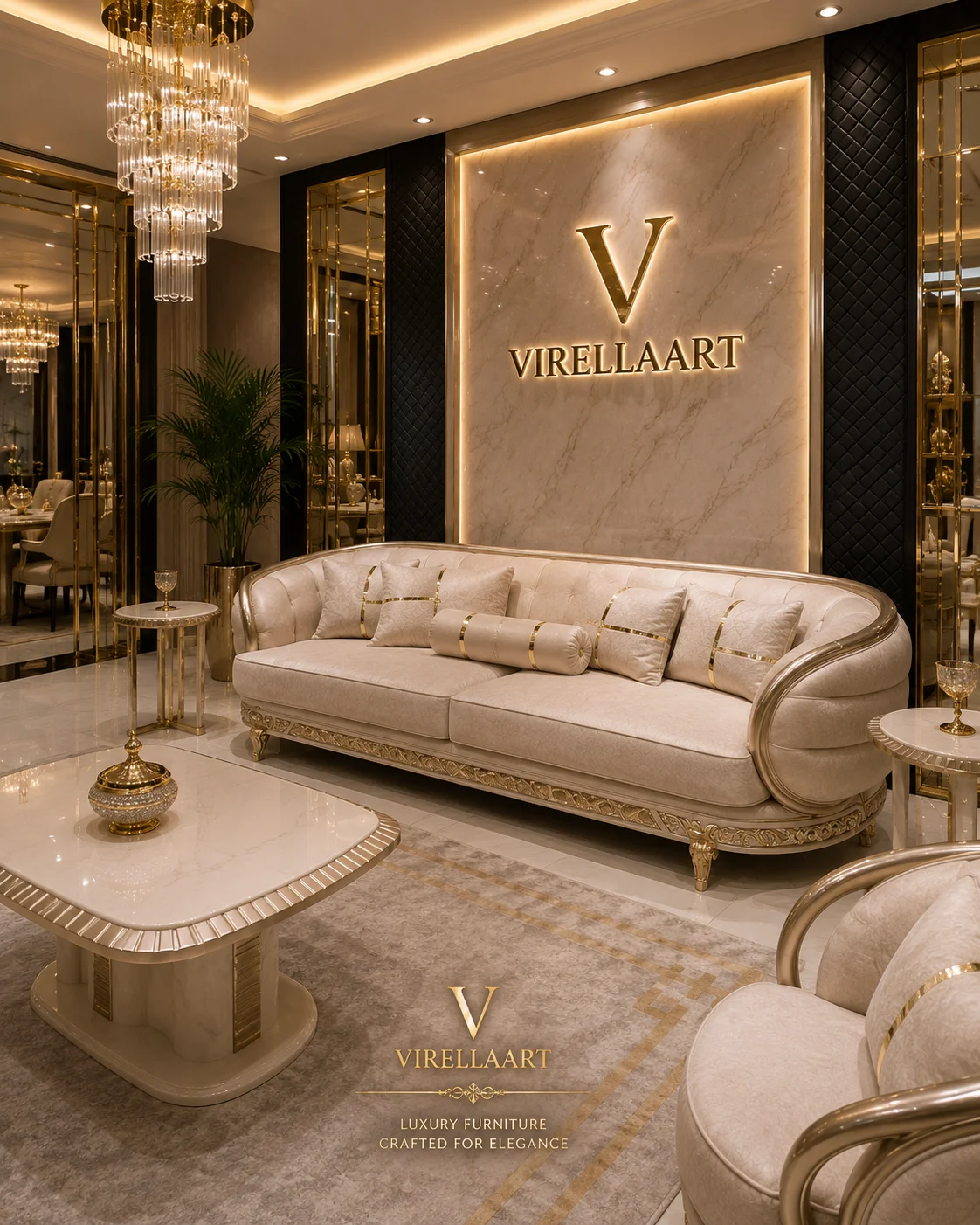 Valencia three-seat ivory sofa with curved arms, decorative base and matching center table