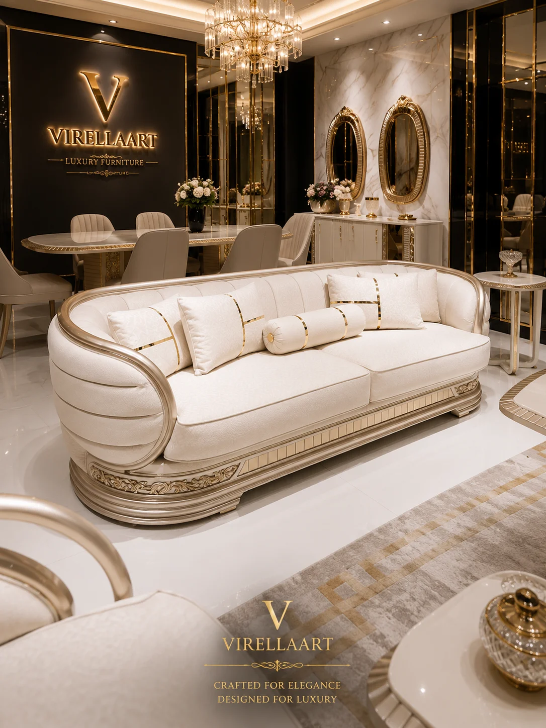 Valencia ivory sofa front view with sculptural curved arms and coordinated cushions