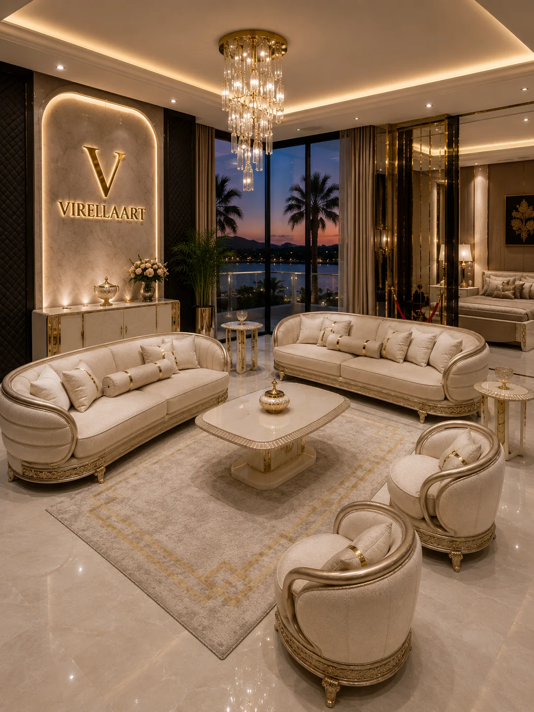 Complete Valencia living room set with two sofas, two armchairs and a center table in a luxury interior