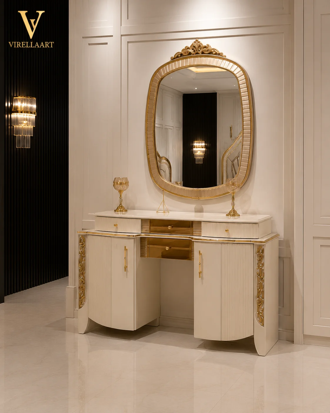 Valencia cream dressing table with curved cabinet fronts, gold-tone carved side panels and a large rounded decorative mirror