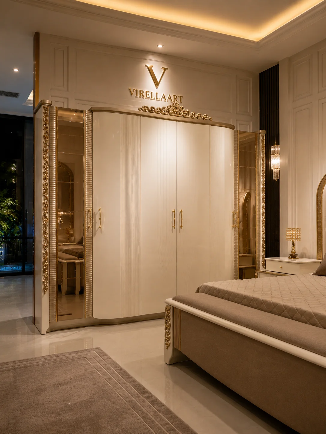 Valencia cream wardrobe with central fluted doors, mirrored side sections, ornate gold-tone trim and crowned top