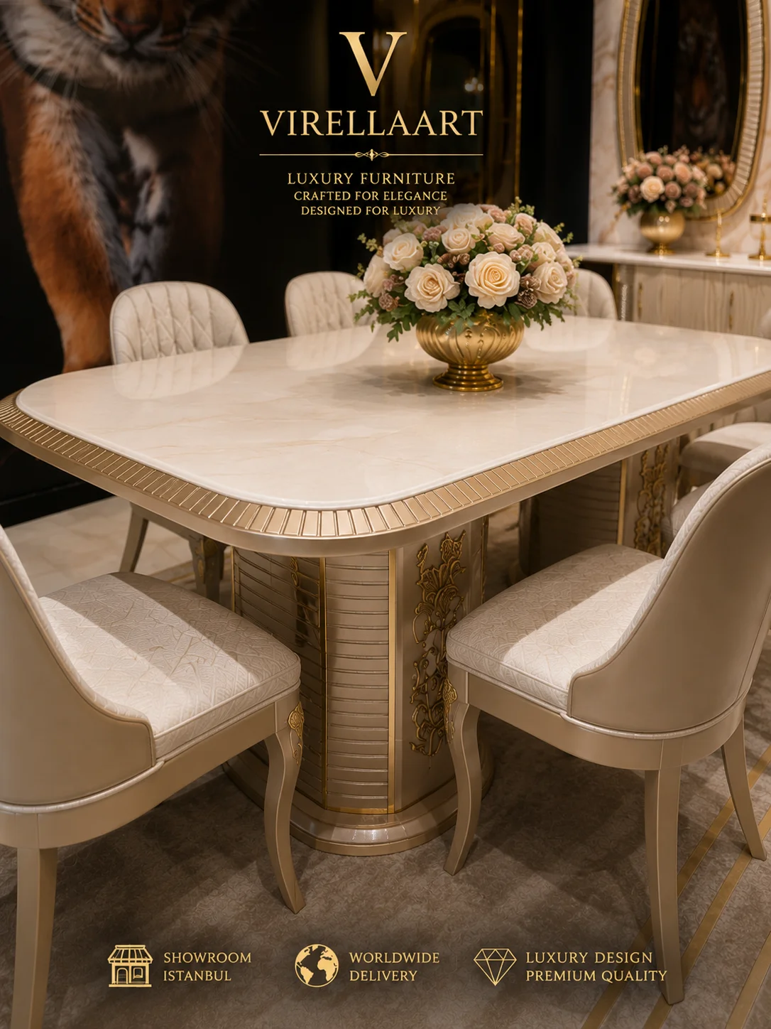 Close-up of the Valencia dining table with a cream marble-look top, fluted taupe pedestal bases, gold-tone carved details and upholstered chairs