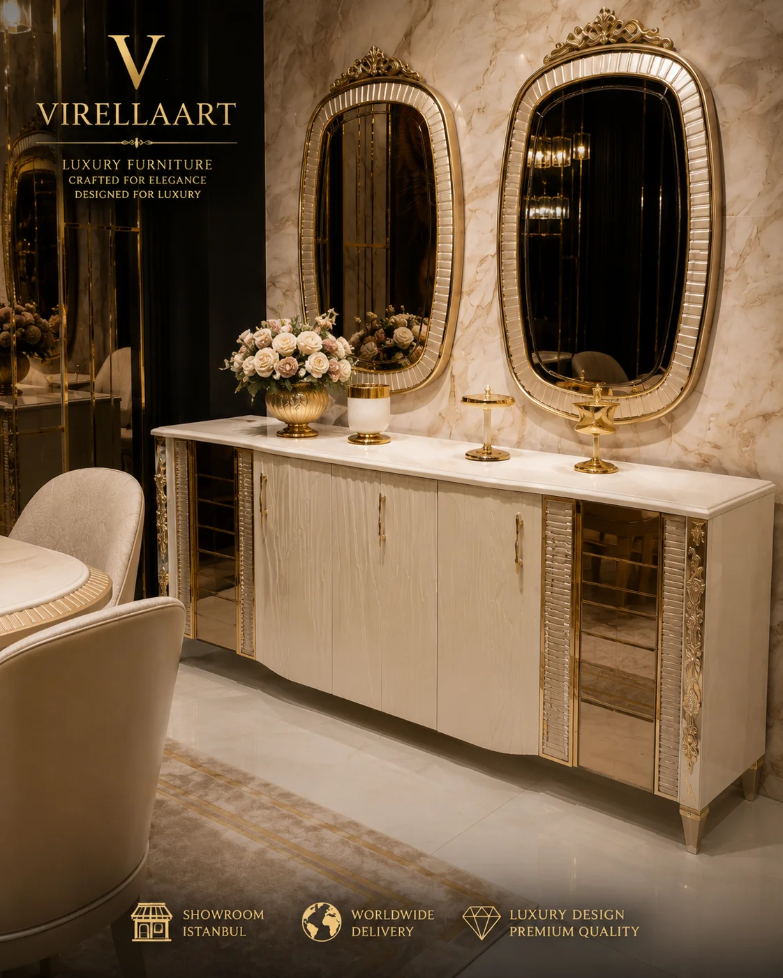 Valencia cream dining sideboard with curved center doors, mirrored side panels, gold-tone details and two ornate oval wall mirrors