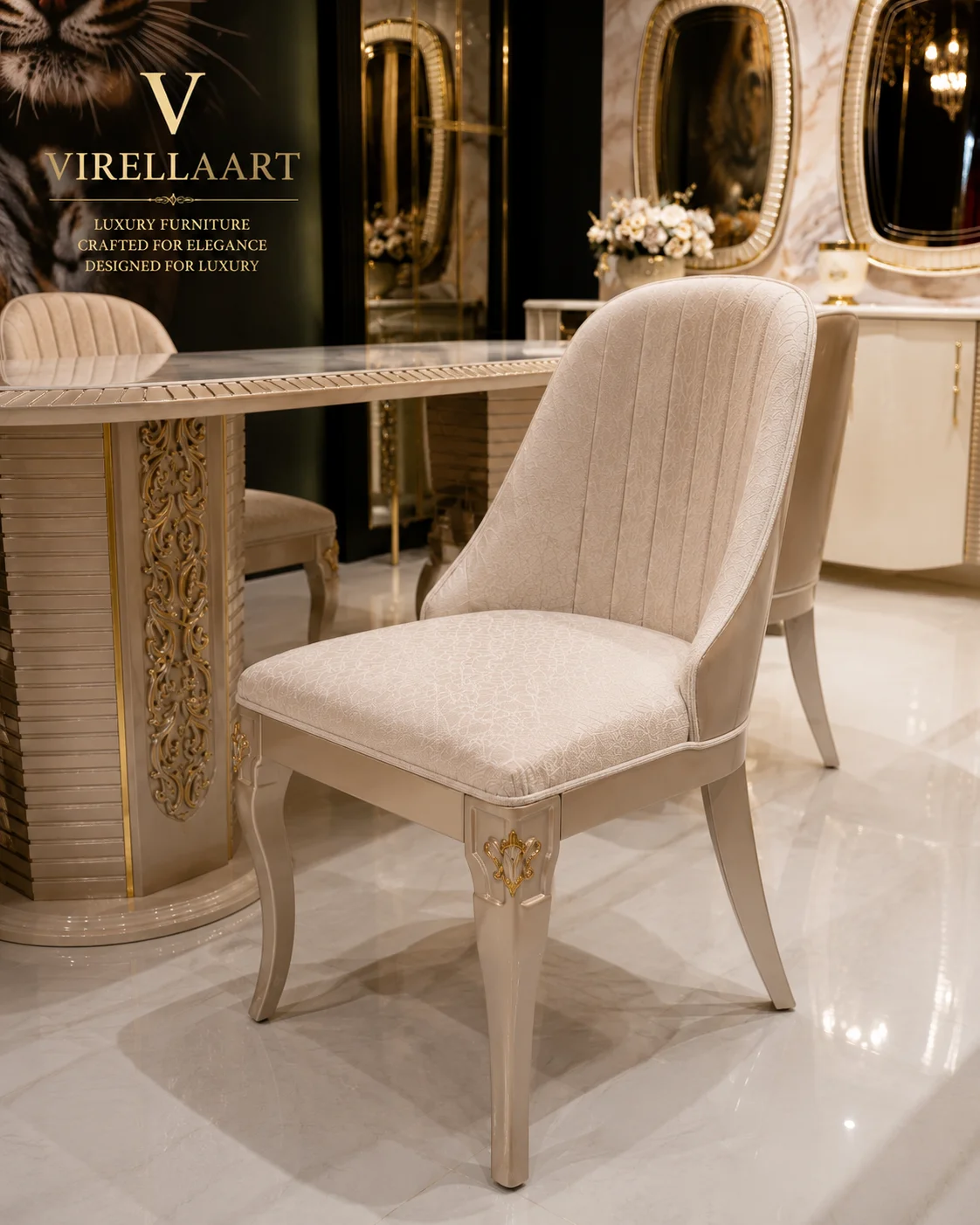 Valencia cream dining chair with vertical channel stitching, patterned upholstery, curved tapered legs and a gold-tone front ornament
