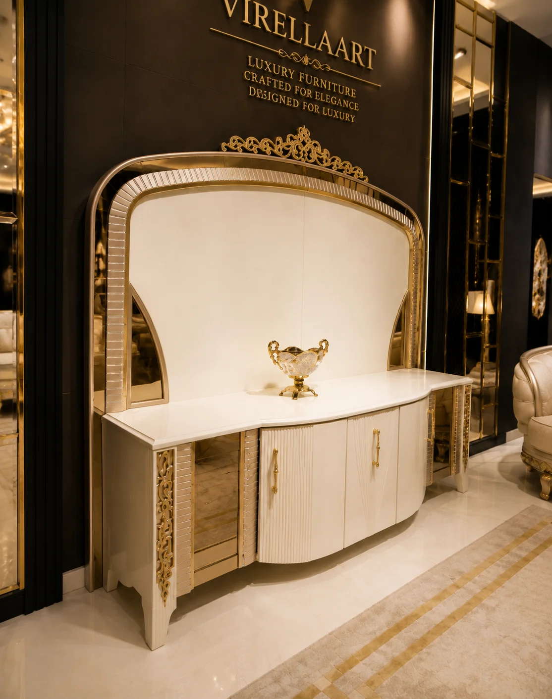 Angled view of the Valencia TV console showing its cream top, rounded cabinet front, gold-tone handles, mirrored panels and ornate crowned arch