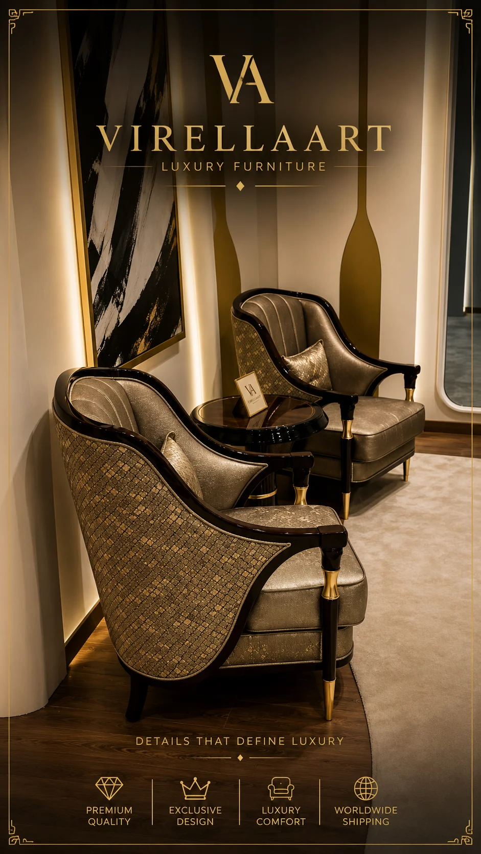 Pair of Vanessa champagne-toned armchairs with curved glossy dark frames, patterned outer panels and a round side table