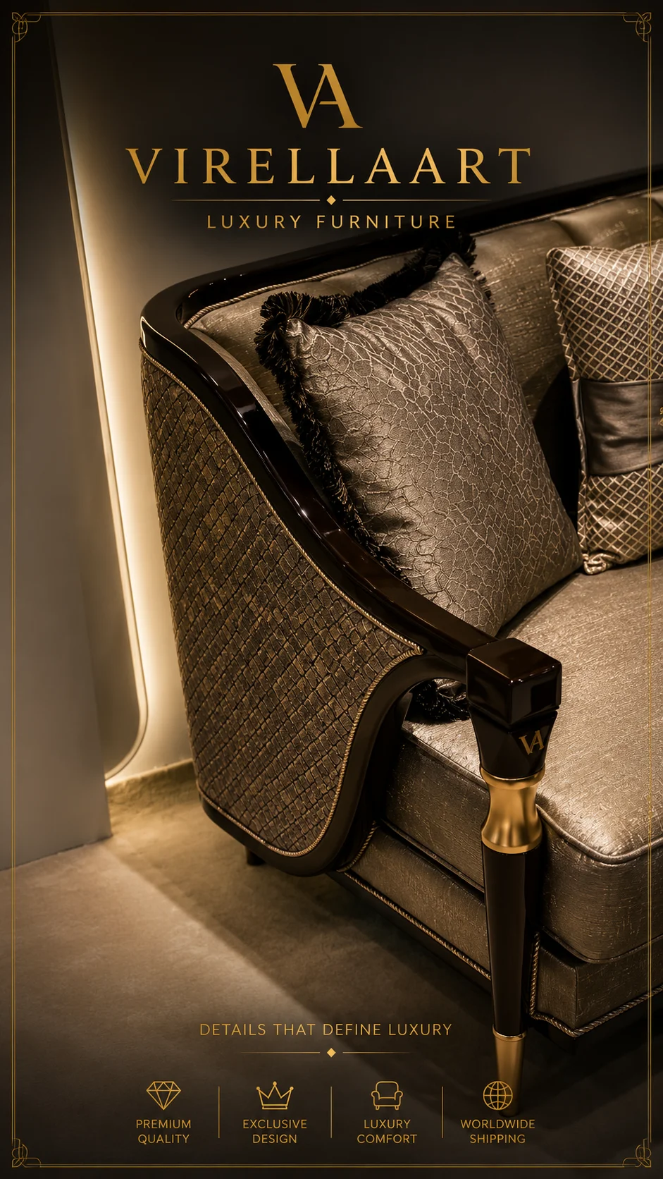 Close-up of the Vanessa sofa arm with a patterned outer panel, glossy dark frame, gold-tone joint and decorative cushions