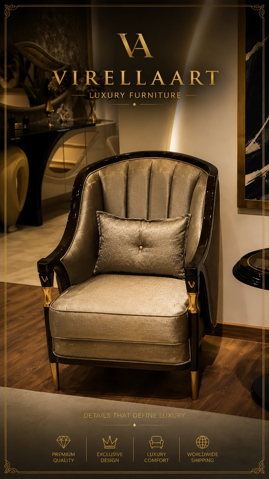 Front view of the Vanessa armchair with a channelled back, champagne-toned upholstery, glossy dark frame and gold-tone accents