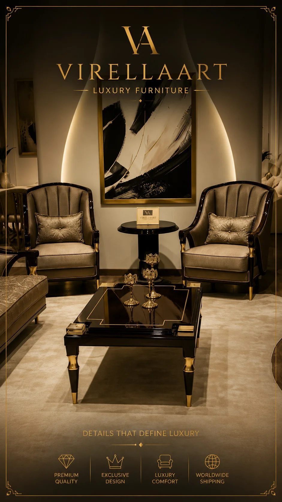 Pair of Vanessa armchairs arranged behind a rectangular black center table with a matching round side table
