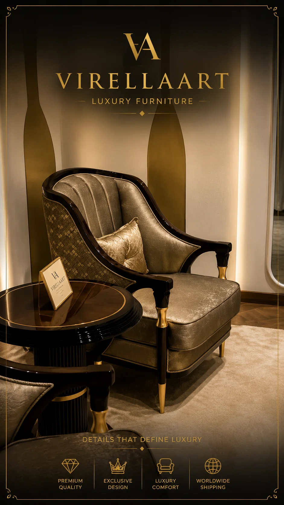 Vanessa champagne-toned armchair beside a round dark side table, showing its curved frame and patterned outer upholstery