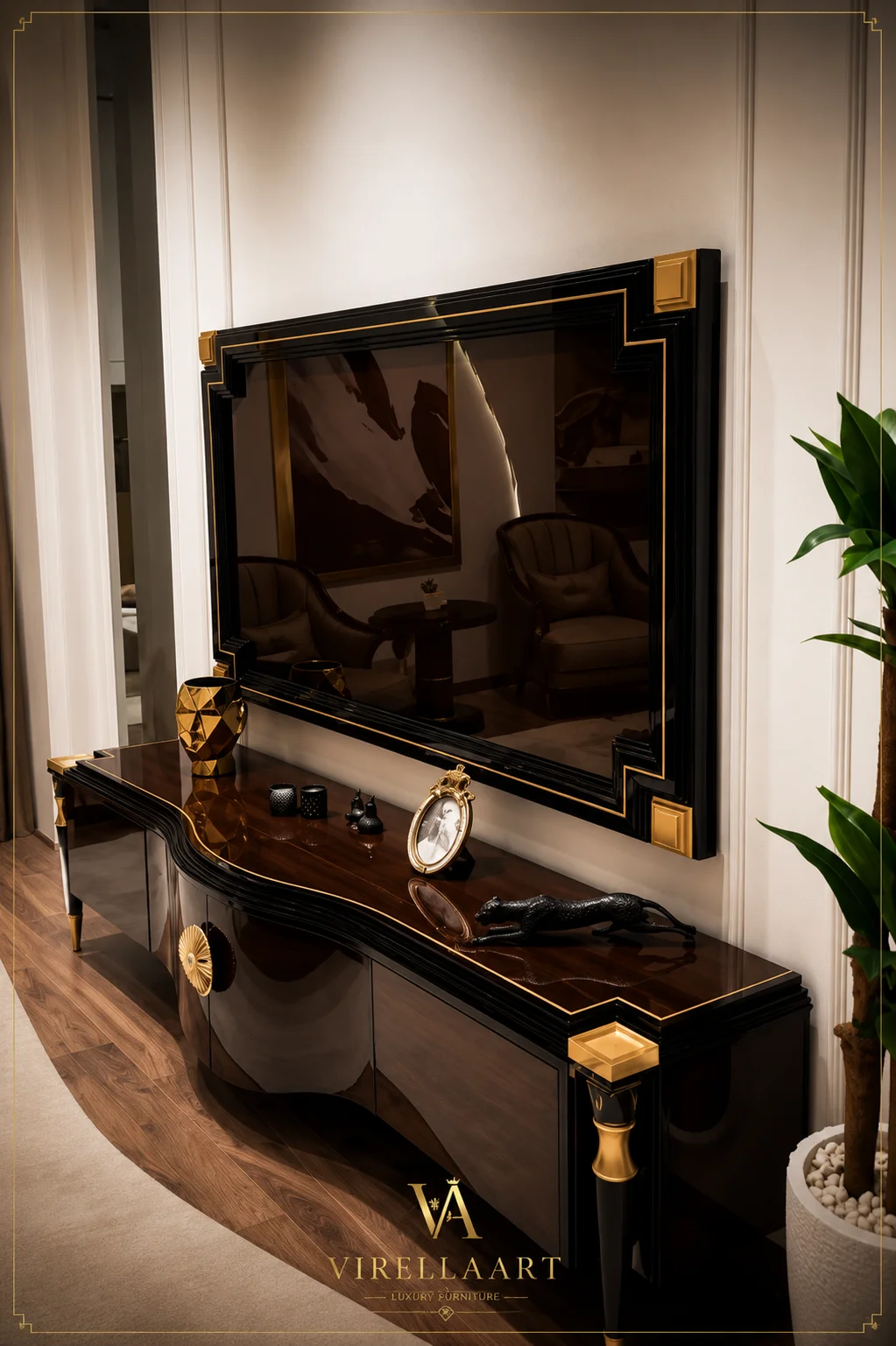 Vanessa dark console cabinet with a curved front, glossy black framing, gold-tone details and an oversized matching mirror