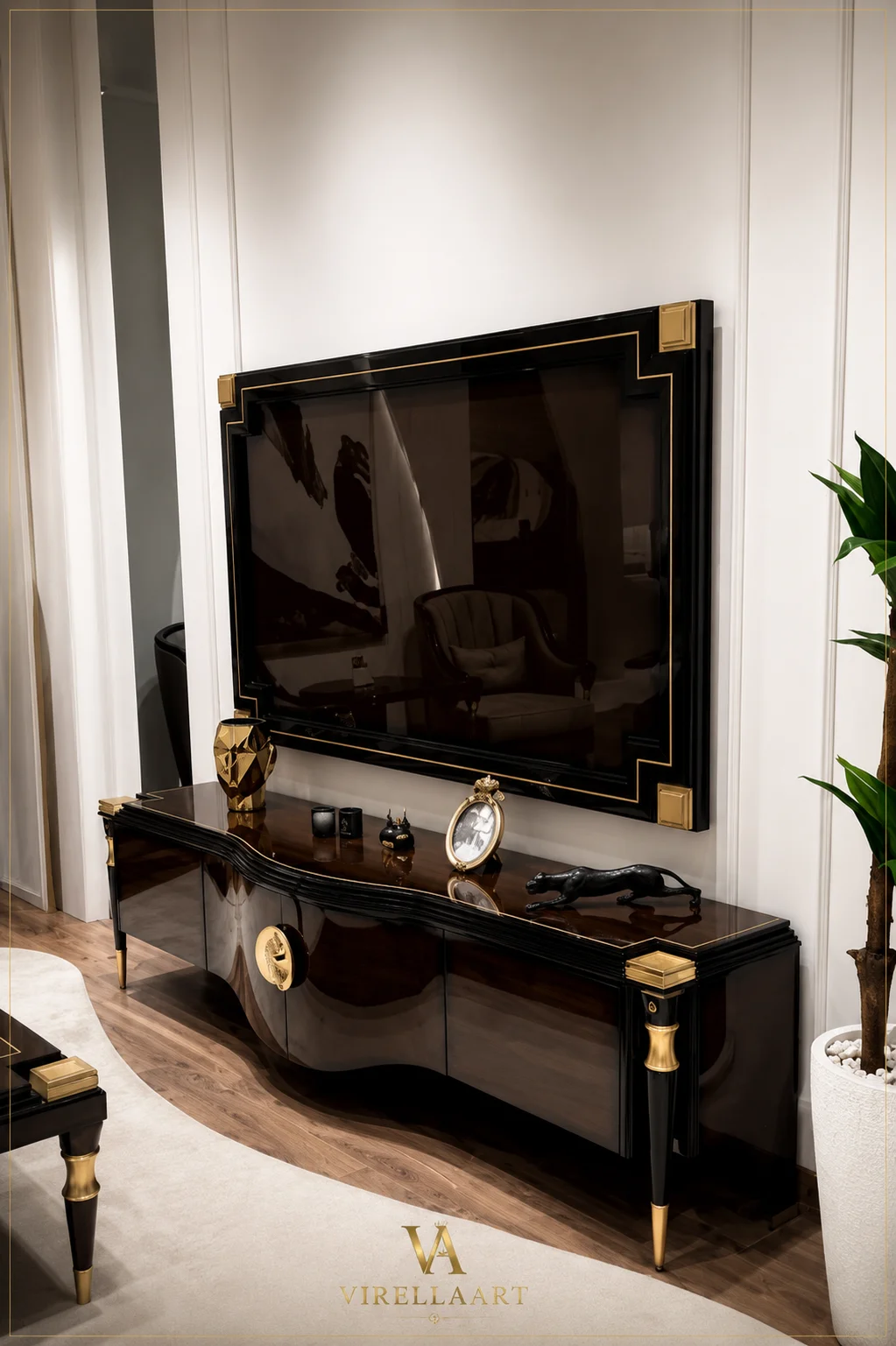 Wide view of the Vanessa console and framed mirror with curved dark cabinet doors and decorative gold-tone accents