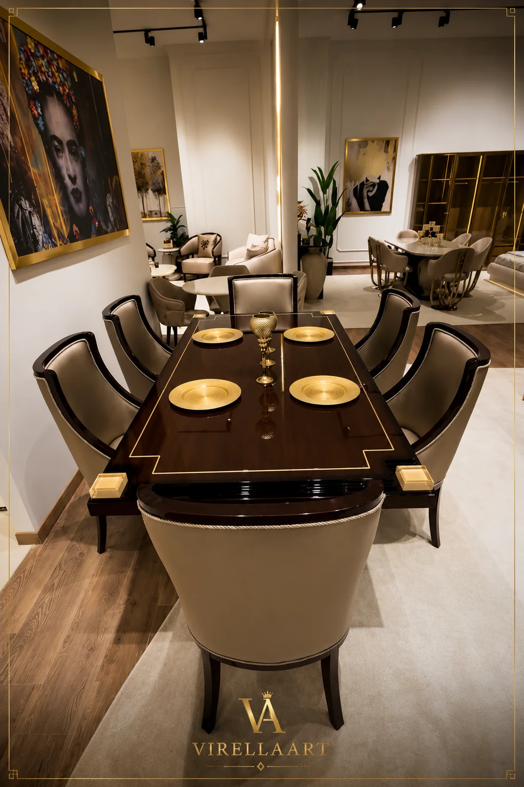 Full view of the Vanessa rectangular dining table with six taupe upholstered chairs, gold-tone inlay and decorative corner details
