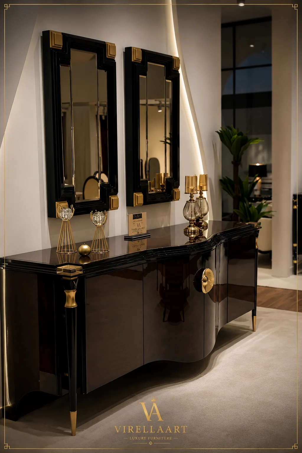 Vanessa glossy dark dining sideboard with a curved front, gold-tone ornament and two matching rectangular wall mirrors