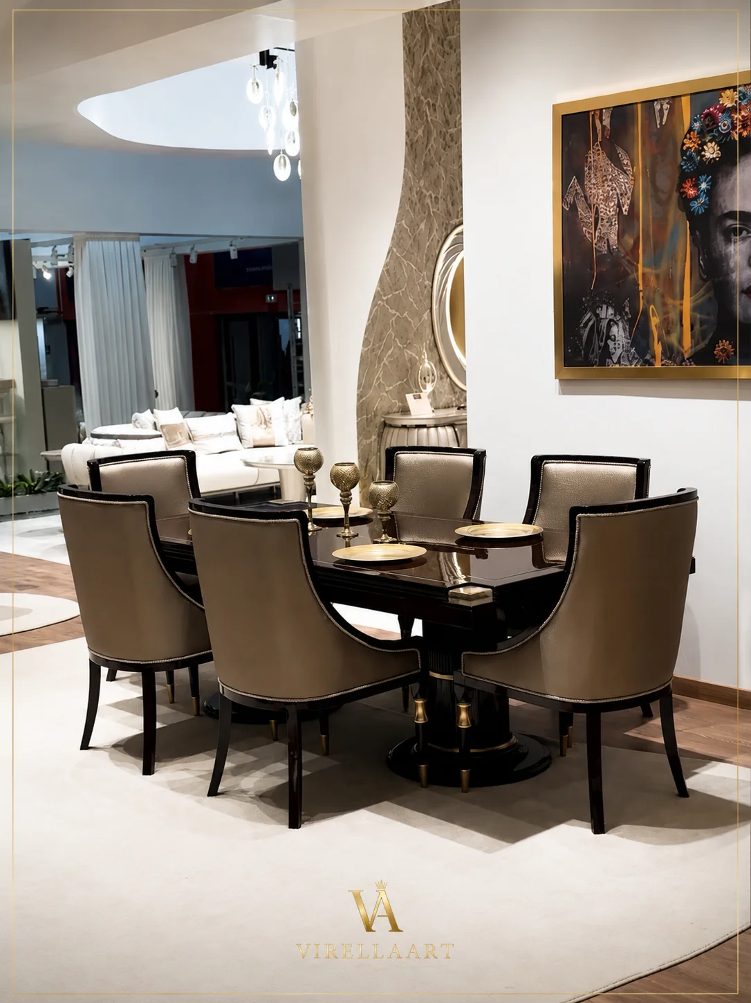 Complete Vanessa dining arrangement with six taupe high-back chairs around a glossy dark rectangular table