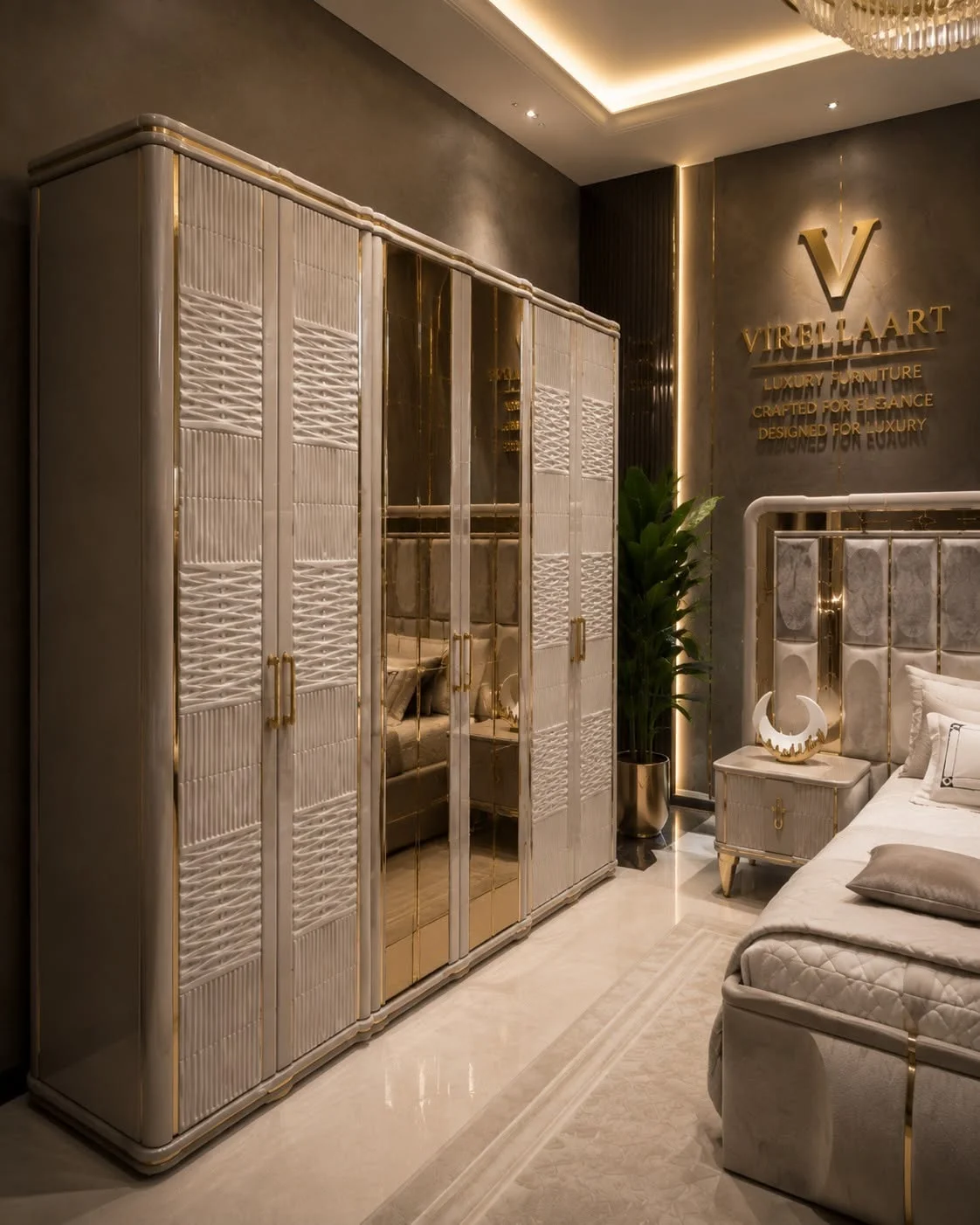 Verona cream wardrobe with textured outer door panels, central full-length mirrors, gold-tone handles and rounded framing